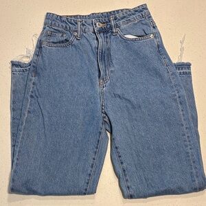 &Denim Loose Mom Jeans Ultra High Waist Blue Frayed